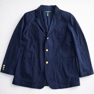 Ralph Lauren Navy Cotton Blazer Gold Buttons, Embroidered Crest, Pockets, XL